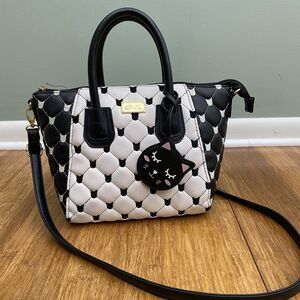 Luv Betsey Johnson Satchel Bag Black White Cat Quilted Crossbody Faux Leather